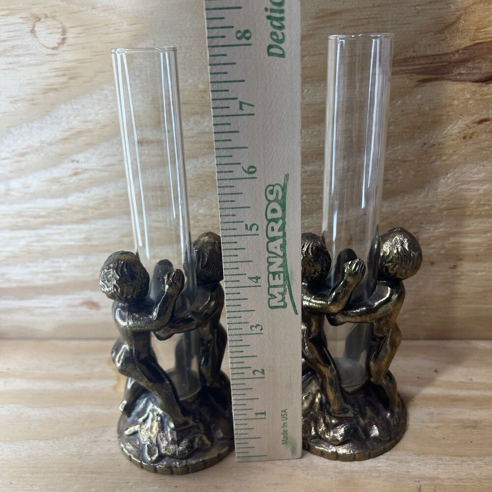 Vintage Victorian Style Cherub Bud Vases - Heavy Metal Angel Candle Holders Pair - Picture 7 of 7